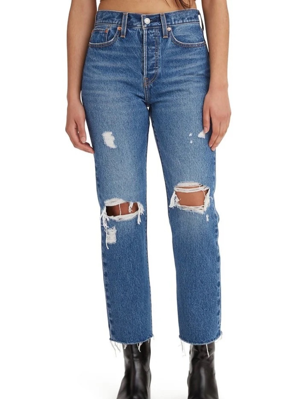 LEVI'S WEDGIE STRAIGHT MEDIUM INDIGO DESTRUCTED